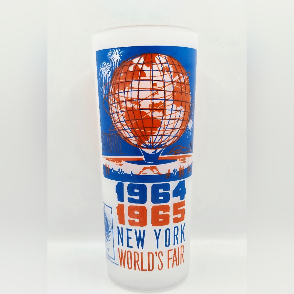THE UNISPHERE NY STATE WORLDS FAIR 1964-65 FROSTED DRINKING GLASS TUMBLER